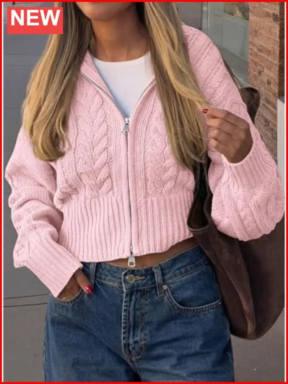 Cable Knit Cropped Cardigan Zip Up Sweater Long Sleeve
